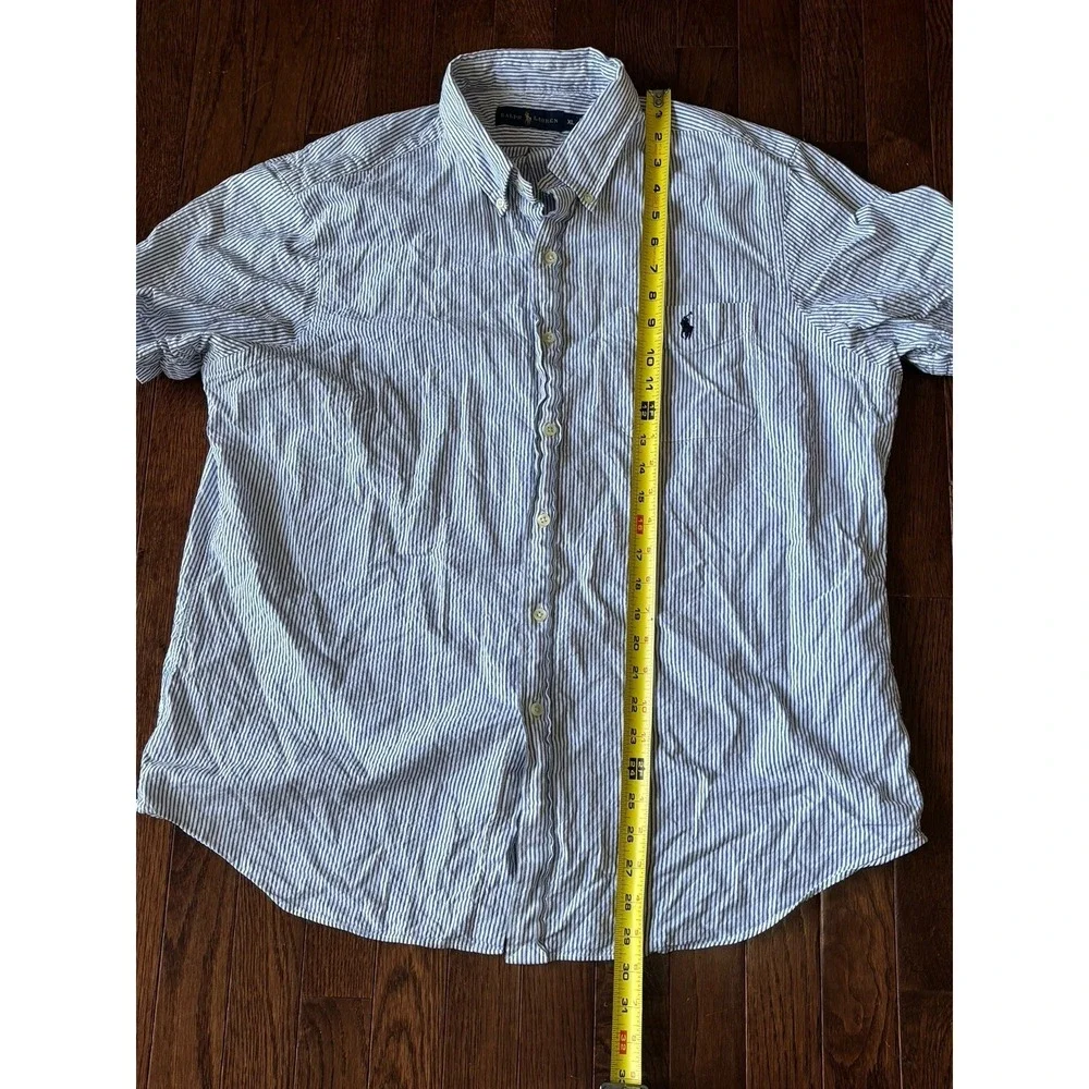 Mens Polo Ralph Lauren Dress Shirt XL Blue Button Cotton Short Sleeve Seersucker
